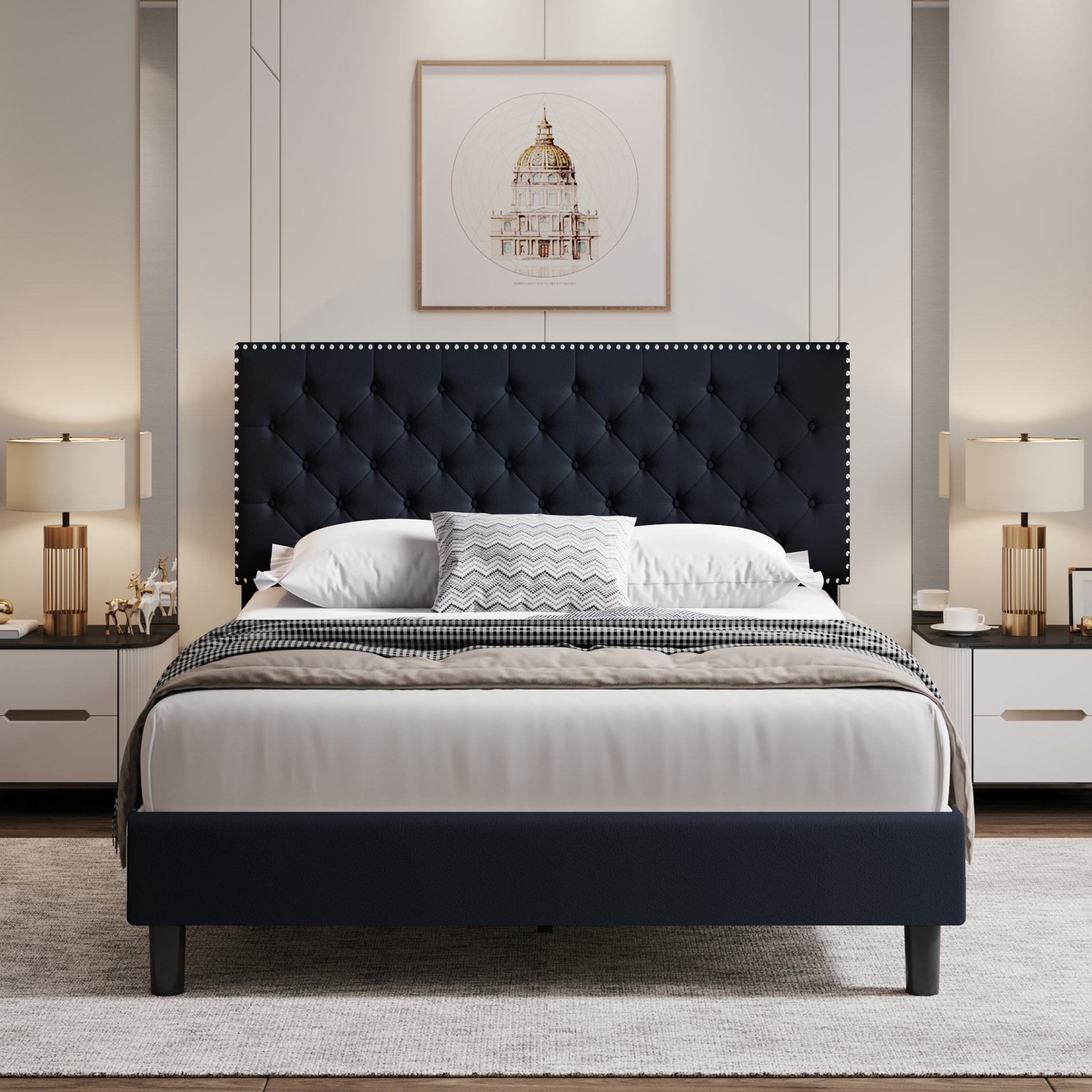 Latitude Run Emanuell Velvet Tufted Upholstered Bed Frame with Adjustable Headboard